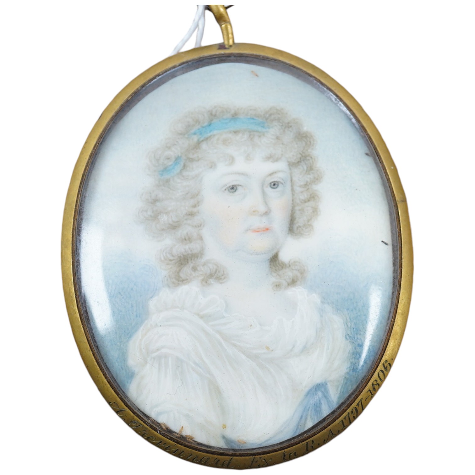 A. Trevinnard RA, (ex: 1797-1806), oil on ivory, Portrait miniature of a Regency lady, indistinctly inscribed in ink verso, Sutton Coldfield, Worcestershire, 6 x 4.5cm. CITES Submission reference BDWUCM9U. Condition - fa